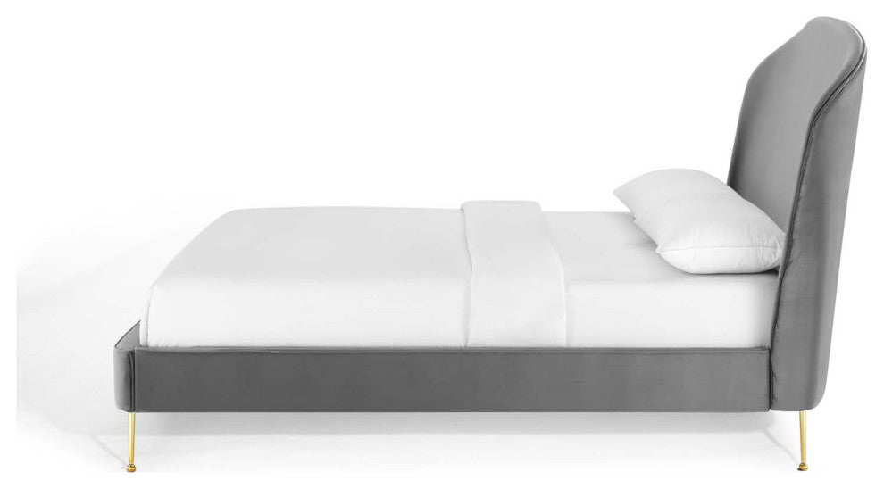 Platform Bed Frame, Queen Size, Velvet, Gray, Modern Contemporary, Bedroom