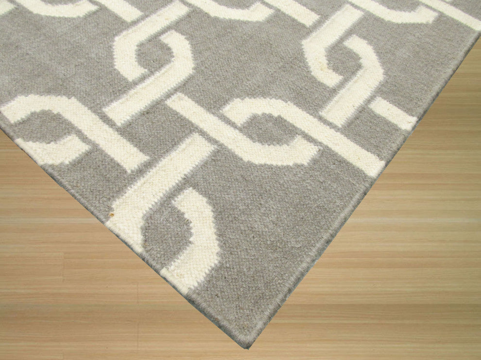 Handwoven Wool Gray Transitional Geometric Links Dhurrie Rug, 7'9 X 9'9