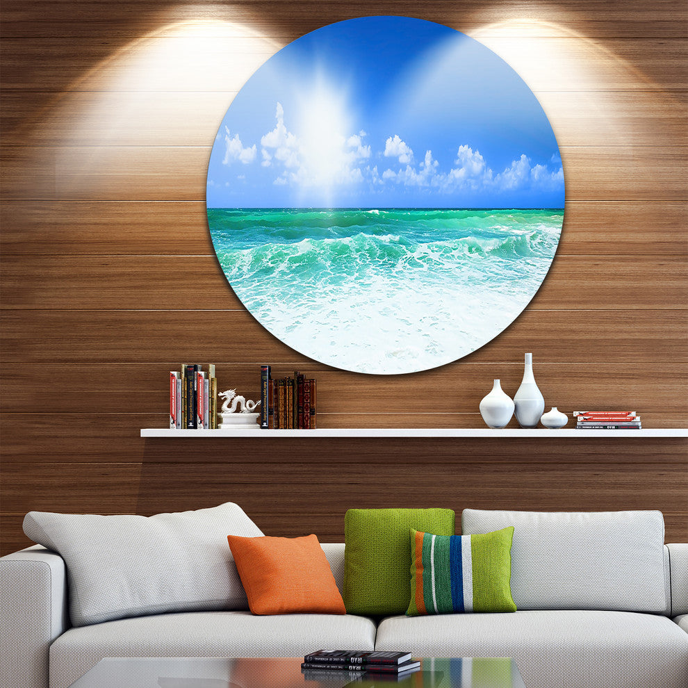 Beautiful Blue Beach, Seascape Photography Disc Metal Wall Art, 23"
