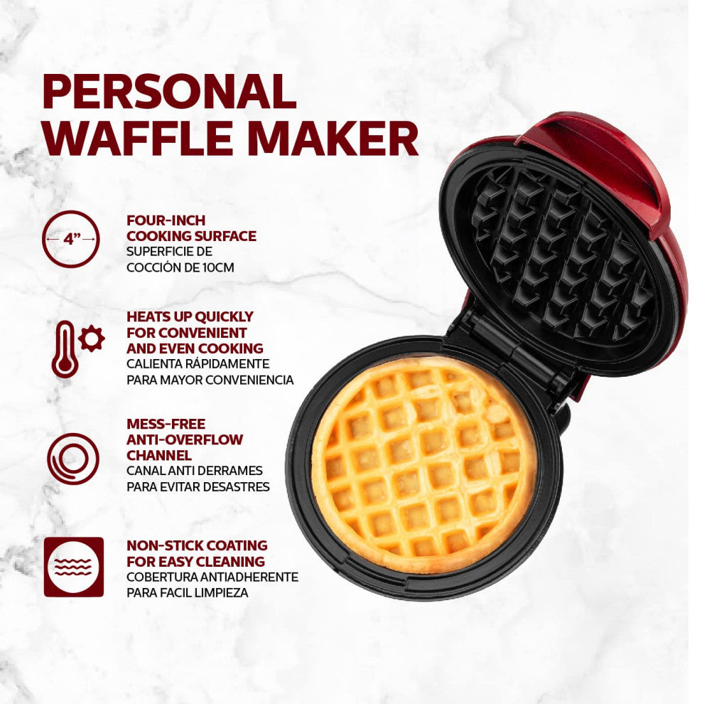 Personal Non-Stick Waffle Maker, Black, 4-inch Waffles in Minutes., Metallic Red