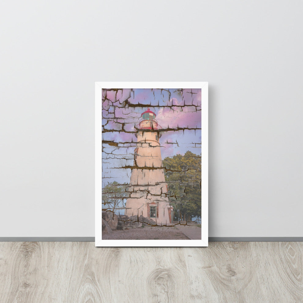 Faux Wood Texture Marblehead Lighthouse at Sunset Framed Photo Wall Art Print, White, 12" X 18"