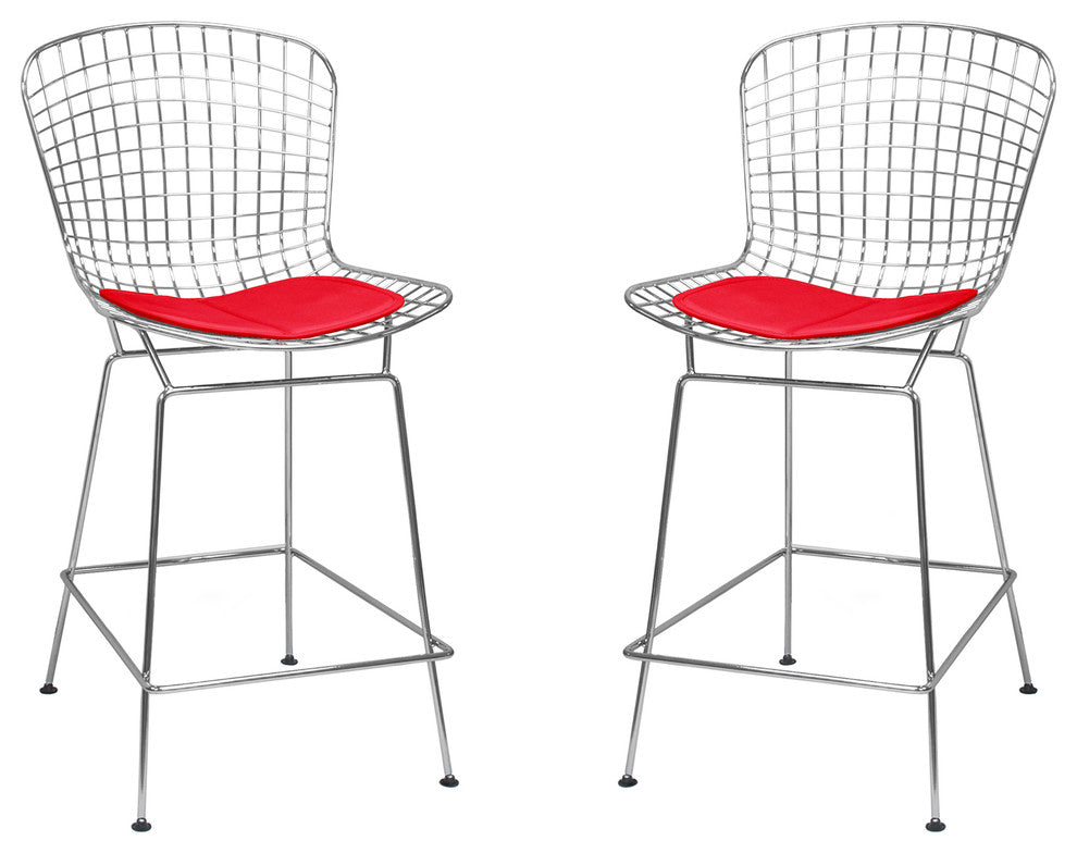 Mid Century Modern Chrome Wire Counter Stool, Set of 2, Red