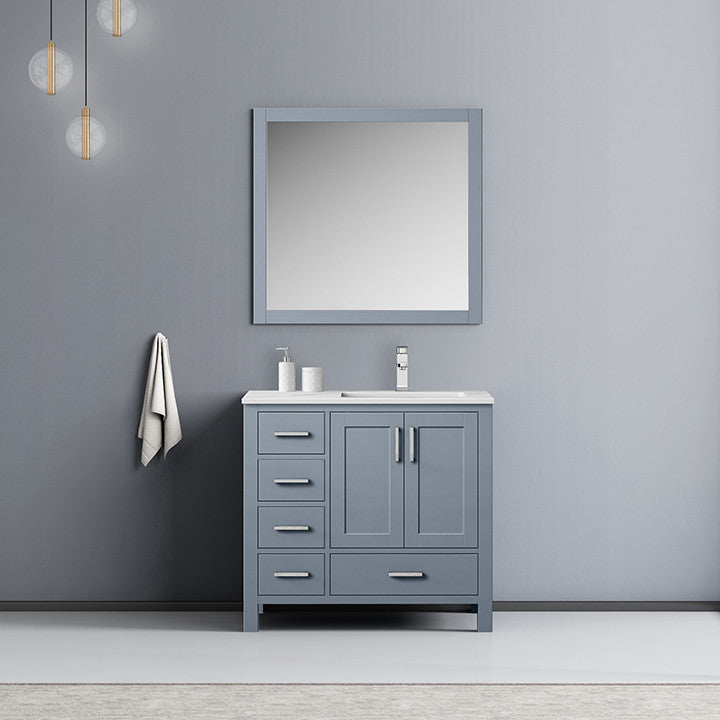 Jacques 36" Vanity, Wht Carrara Marble Top w/ 34" Mirror, Dark Grey, Right