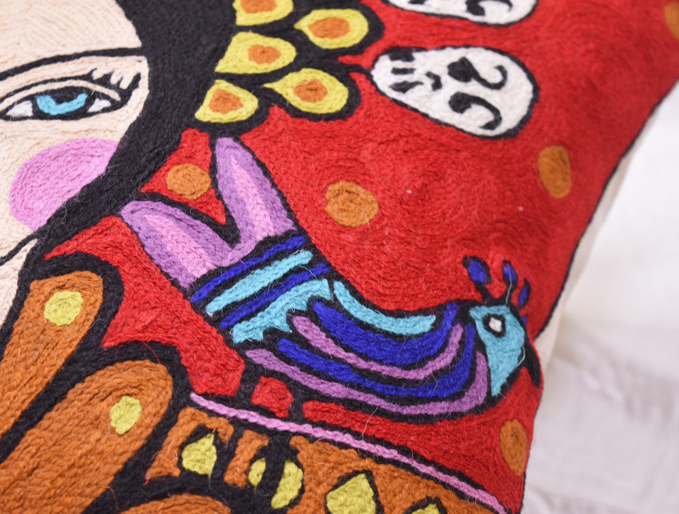 Frida Kahlo Inspired Pillow Cover Red Tiara Hand Embroidered Wool 18x18