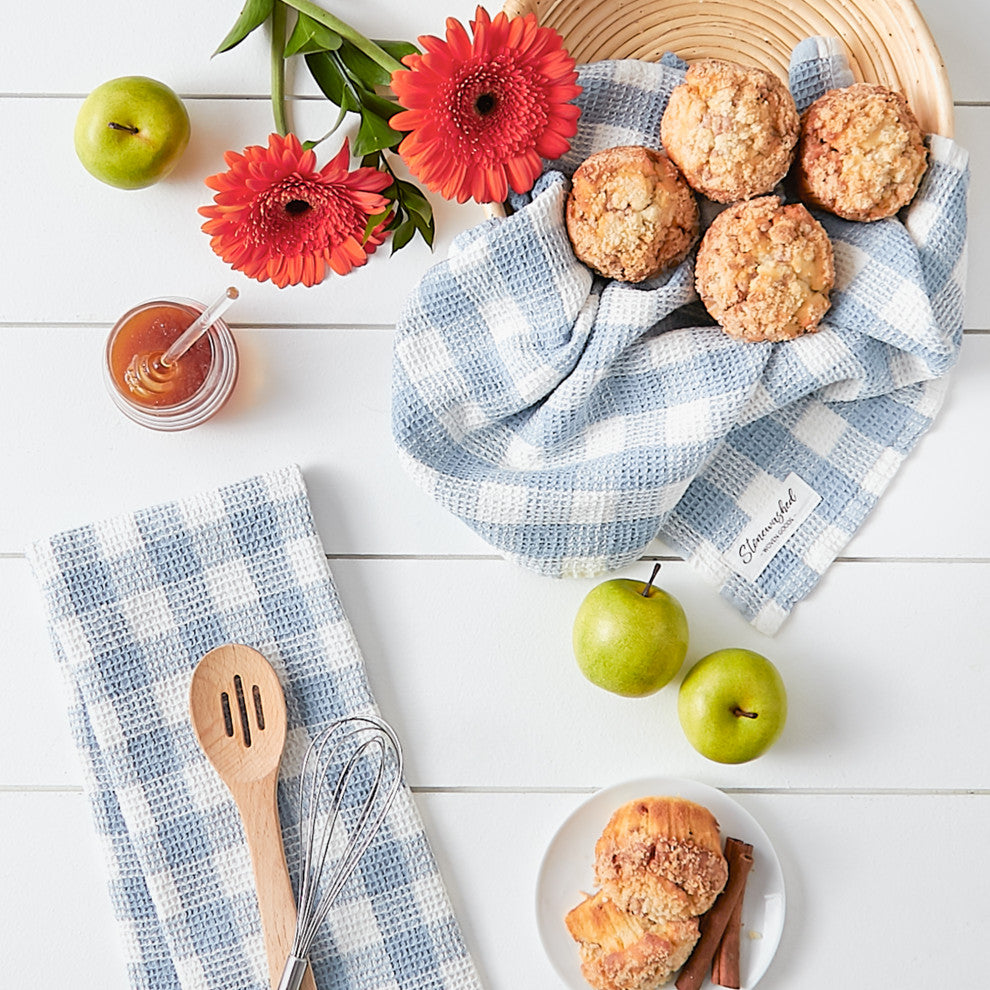 Dusty Blue Checker Washed Waffle Dishtowel (Set of 2)
