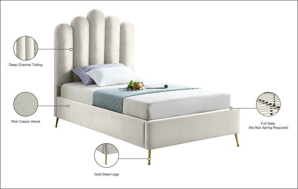 Lily Velvet Bed, Cream, Twin