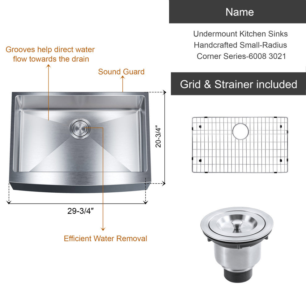 Dowell Apron Farmer Undermount Single Bowl Stainless Kitchen Sink - Small Radius, 27w X 16l X 9d