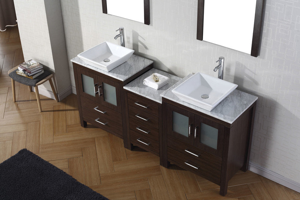 Virtu Dior 74" Double Bathroom Vanity, Espresso With Faucet and Mirrors