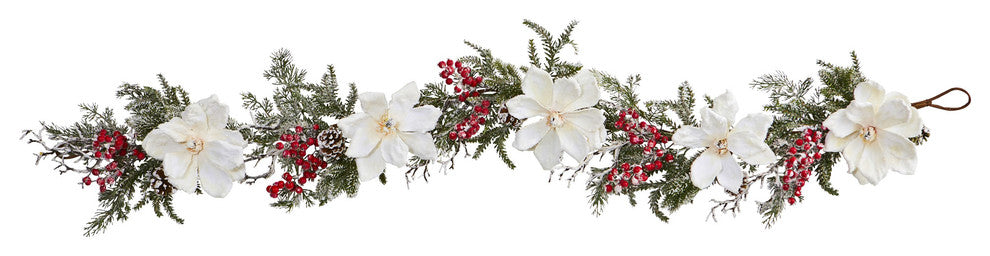 60" Frosted Magnolia and Berry Artificial Garland