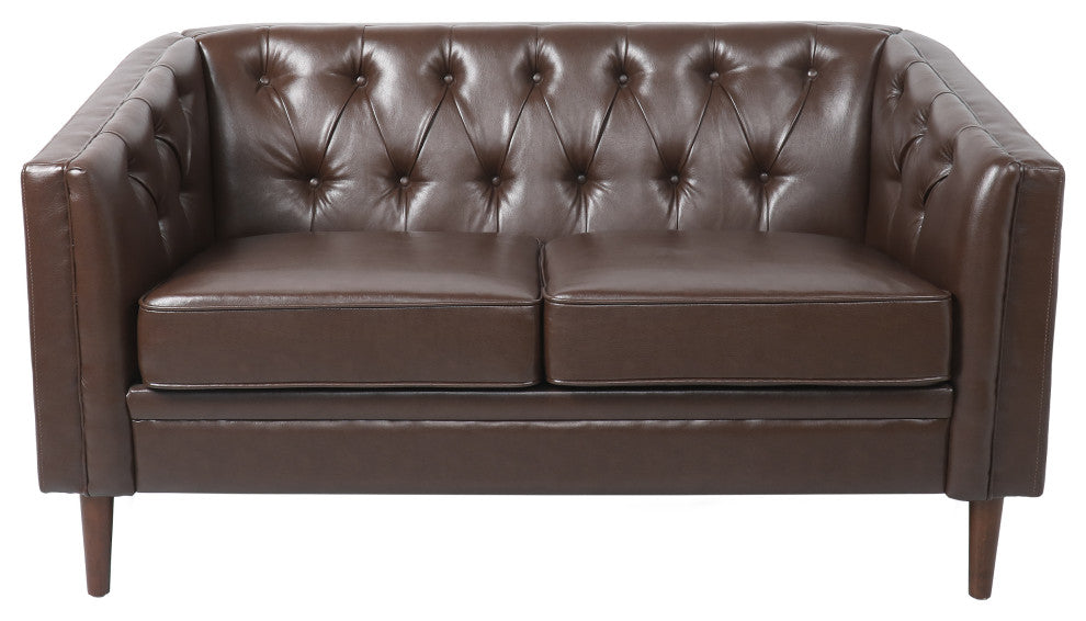 Jelm Contemporary Tufted Loveseat, Dark Brown, Pu + Birch