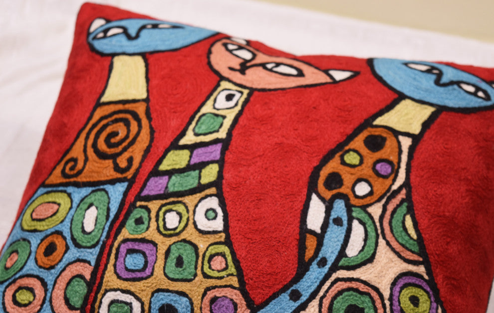 Red Cat Pillow Cover Kitty Face Cushions Wool Hand Embroidered Wool 18x18