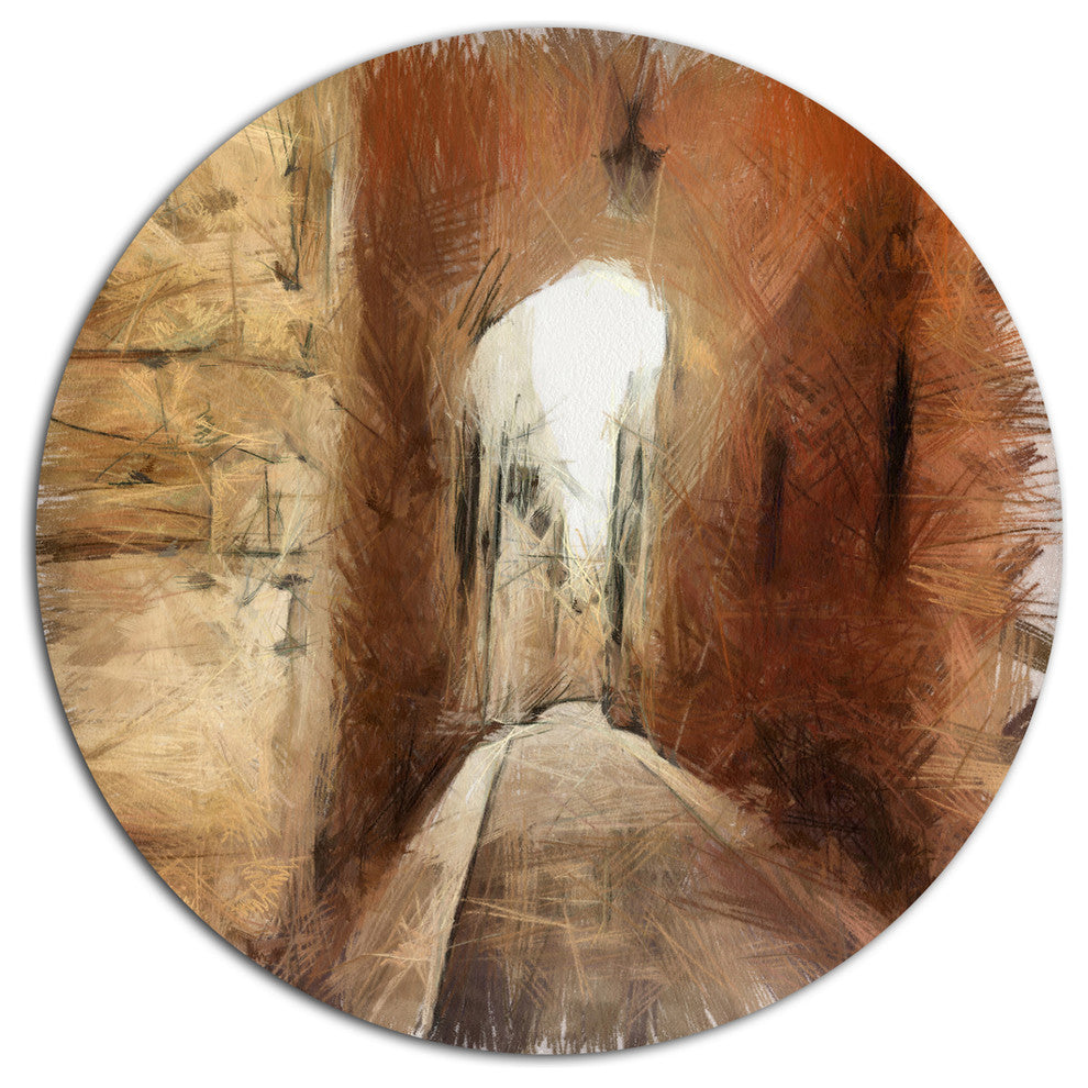 Brown Old City Street Drawing, Landscape Disc Metal Artwork, 36"