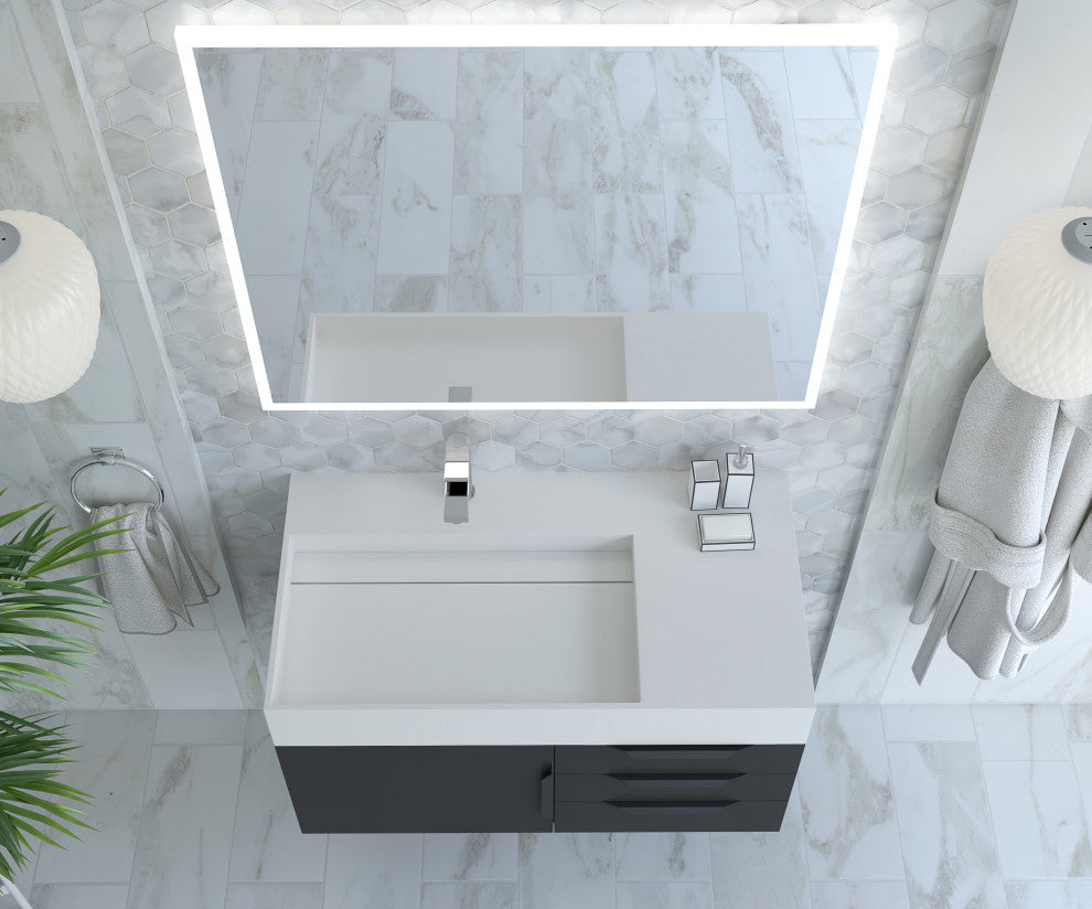 CastelloUSA Amazon 36" Wall Mount Vanity Set, Black, White Top, Black Handles