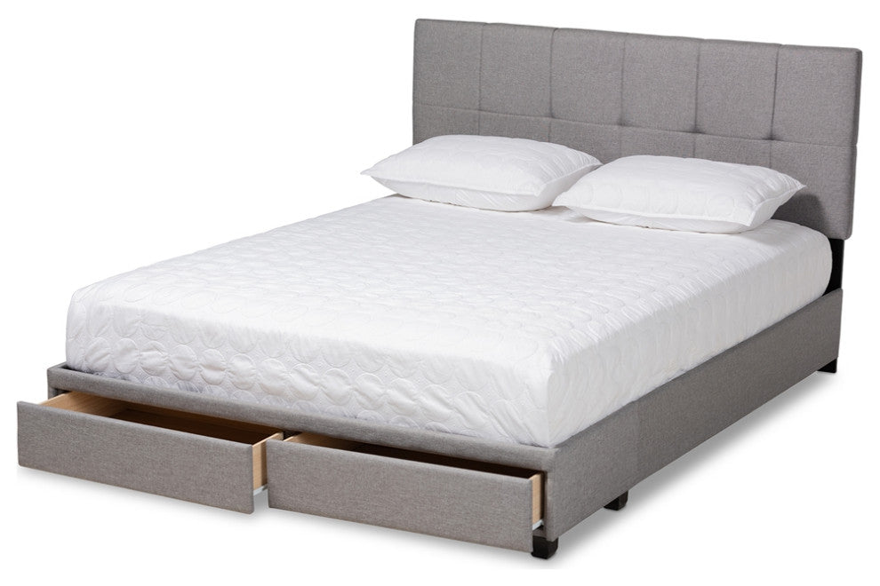 Light Grey Fabric Upholstered 2-Drawer Queen Size Platform Storage Bed