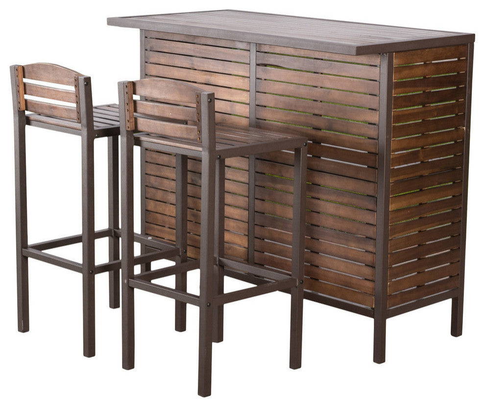 GDF Studio 3-Piece Isabel Brown Acacia and Rustic Metal Bar With Barstools, set