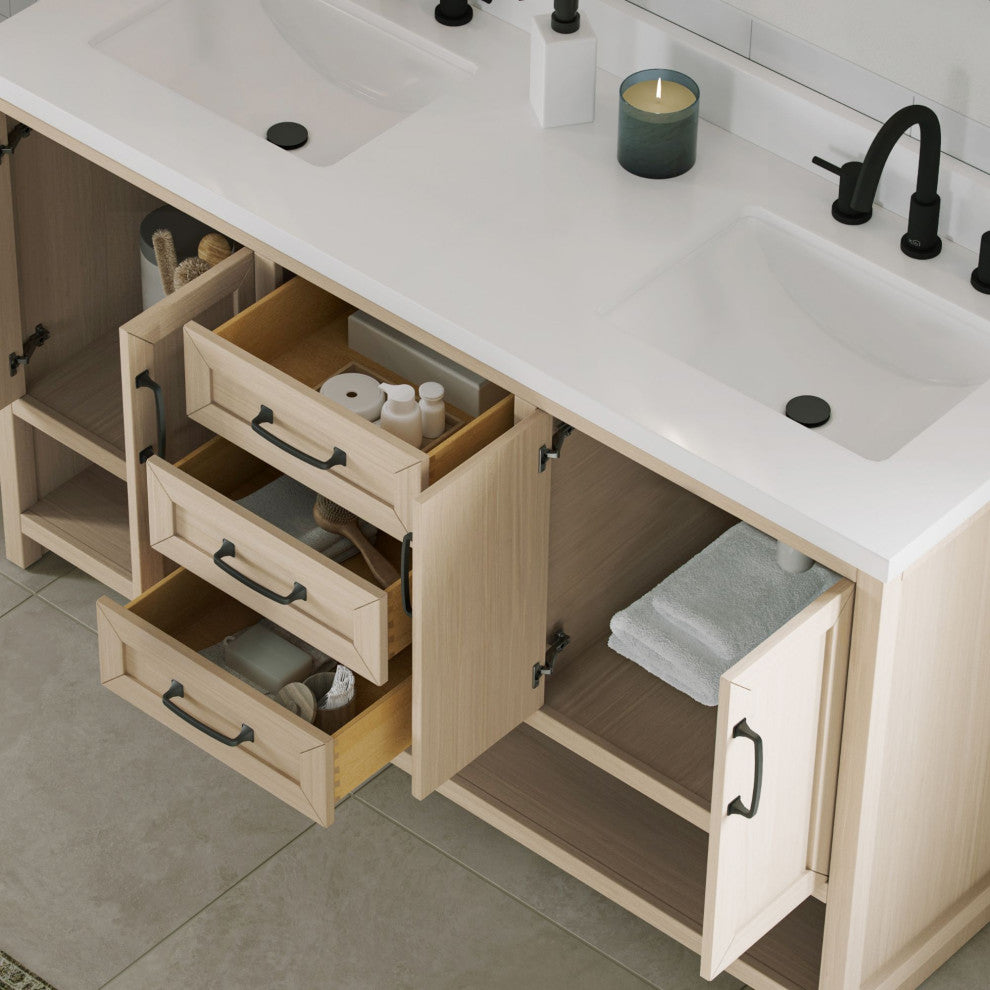 The Asher Bathroom Vanity, Oak, 55", Double Sink, Freestanding
