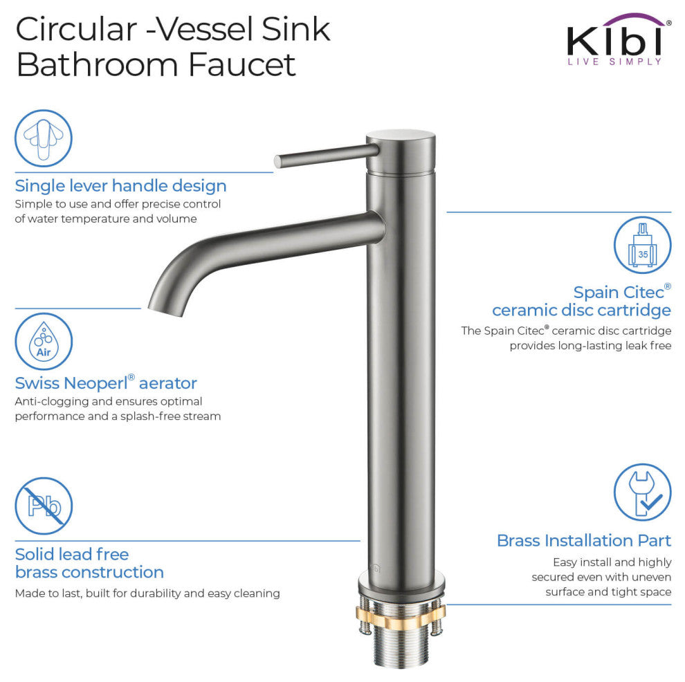 Circular Brass Single Handle Bathroom Faucet KBF1009, Brush Nickel, With Drain