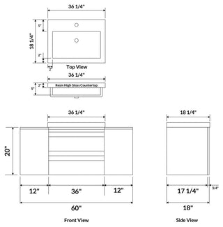60" Wall-Mount White Vanity Set With Sink, LV8-C6W-60W, Style 8
