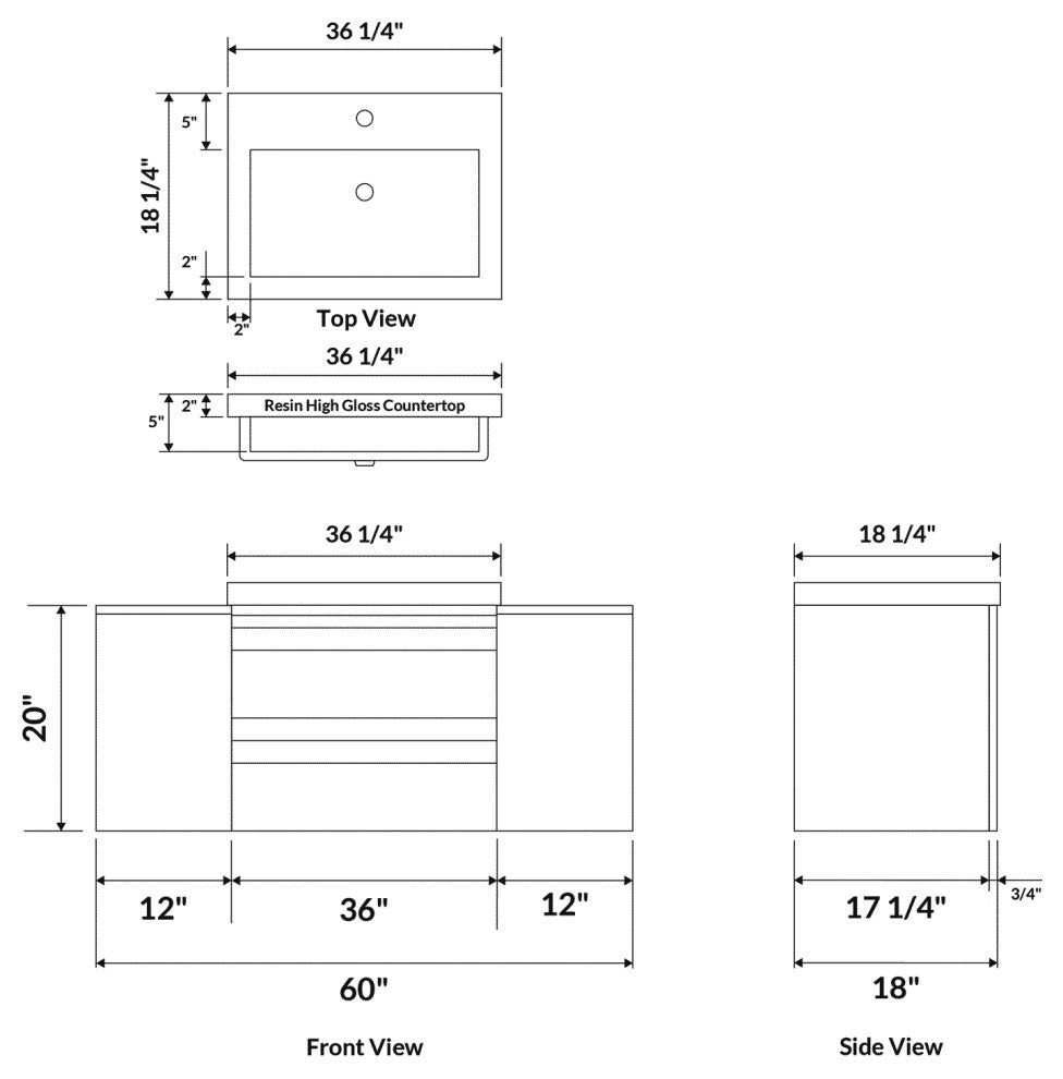 60" Wall-Mount White Vanity Set With Sink, LV8-C6W-60W, Style 8