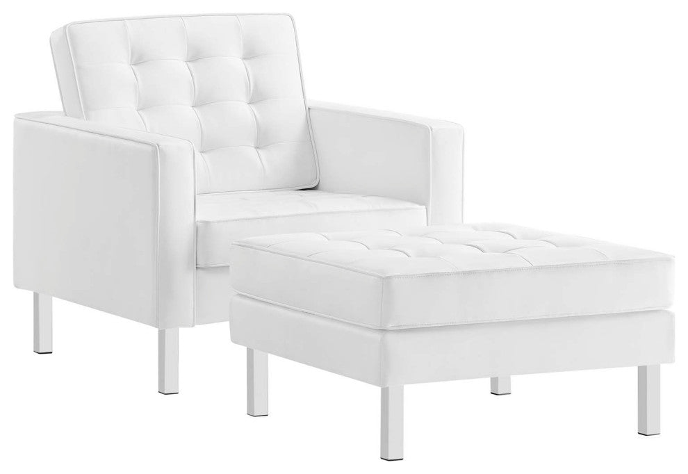 Loft Tufted Vegan Leather Armchair and Ottoman Set, Silver White