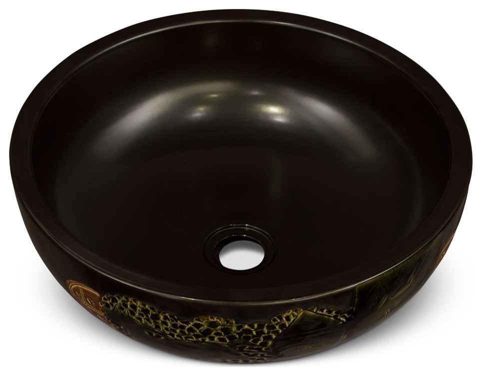 16in Black Chinoiserie Motif Oriental Porcelain Basin