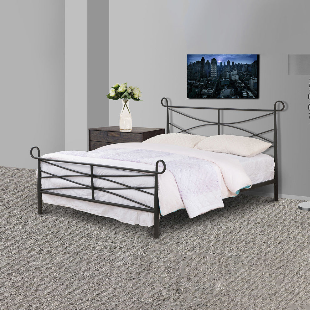Textured Black Finish Metal Bed Headboard Footboard Rails and Slats, Queen