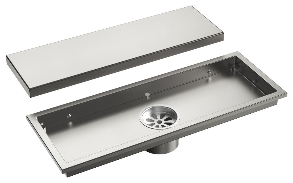 Linear Shower Drain with Hair Strainer and Reversible Tile Insert Cover, Brushed Nickel