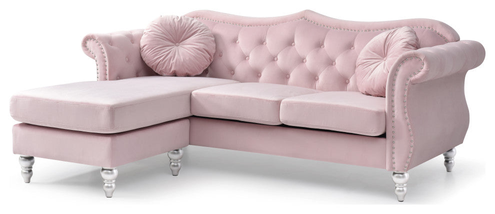 Hollywood Velvet Tufted sofa With Reversible Chaise, Pink