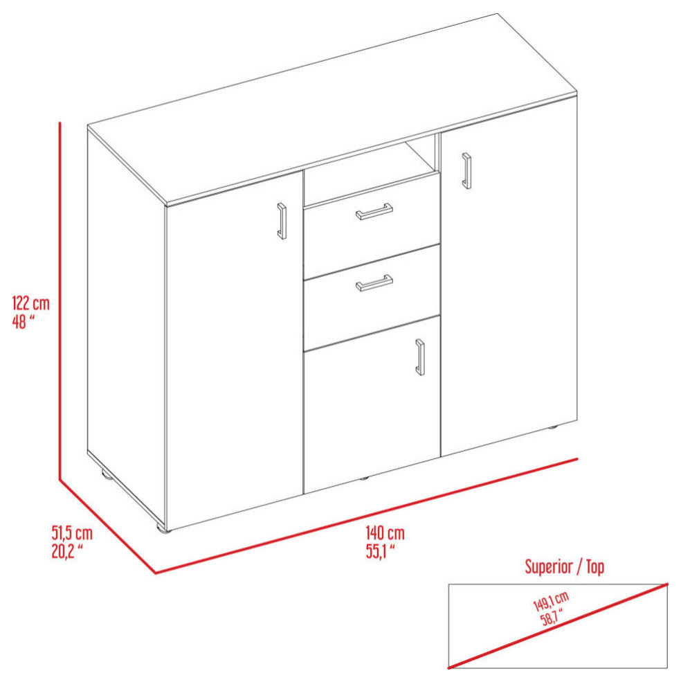 Sicilia Cabinet Dresser with 2 Drawers, Open Shelf, Rod, and 4 Casters, Black