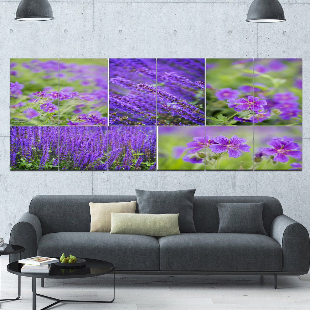 Blue Spring Flowers Collage, Floral Canvas Art Print, 70"x28", 6 Panels