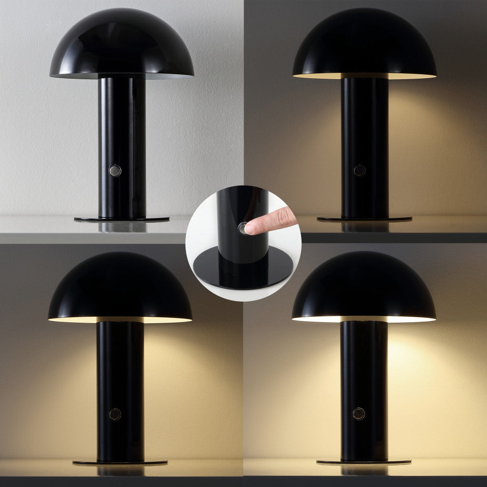 Boletus 10.75" Rechargeable/Cordless Iron Integrated Mushroom Table Lamp, Black