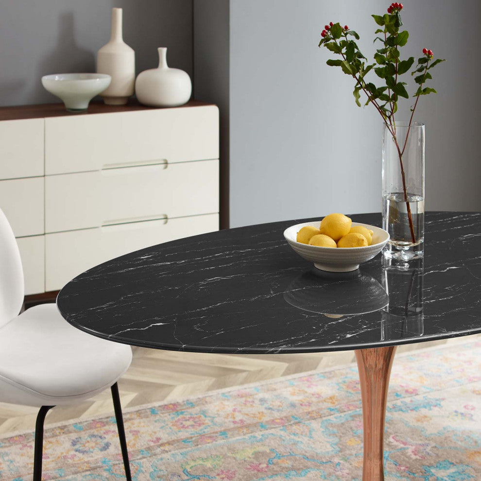 Dining Table, Oval, Artificial Marble, Metal, Rose Gold Black, Modern, Bistro