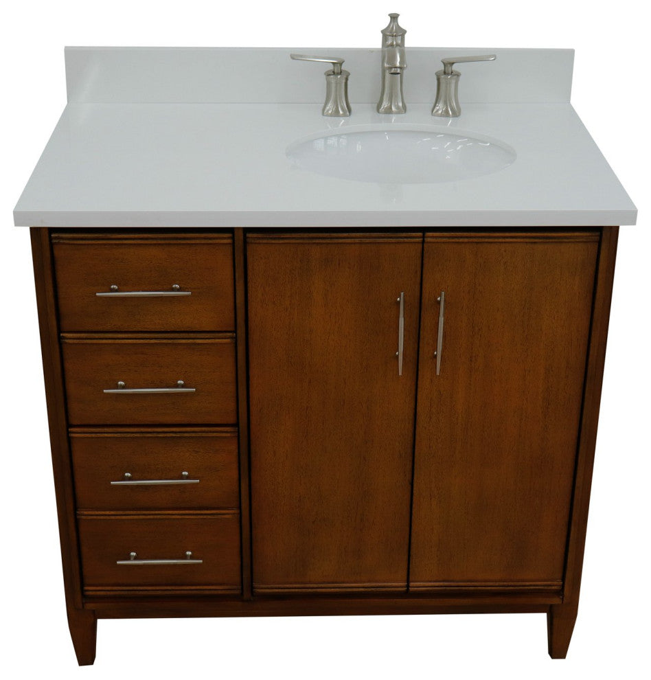 37" Single Vanity, Walnut Finish With White Engineered Stone Top