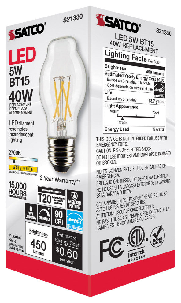 5W BT15 LED, Clear, Medium Base, 90 CRI, 2700K, 120V
