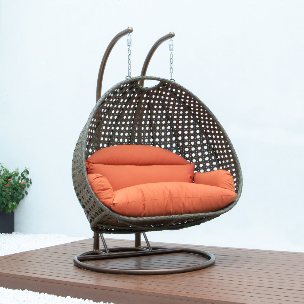 2 Person Beige Wicker Double Hanging Egg Swing Chair, Orange