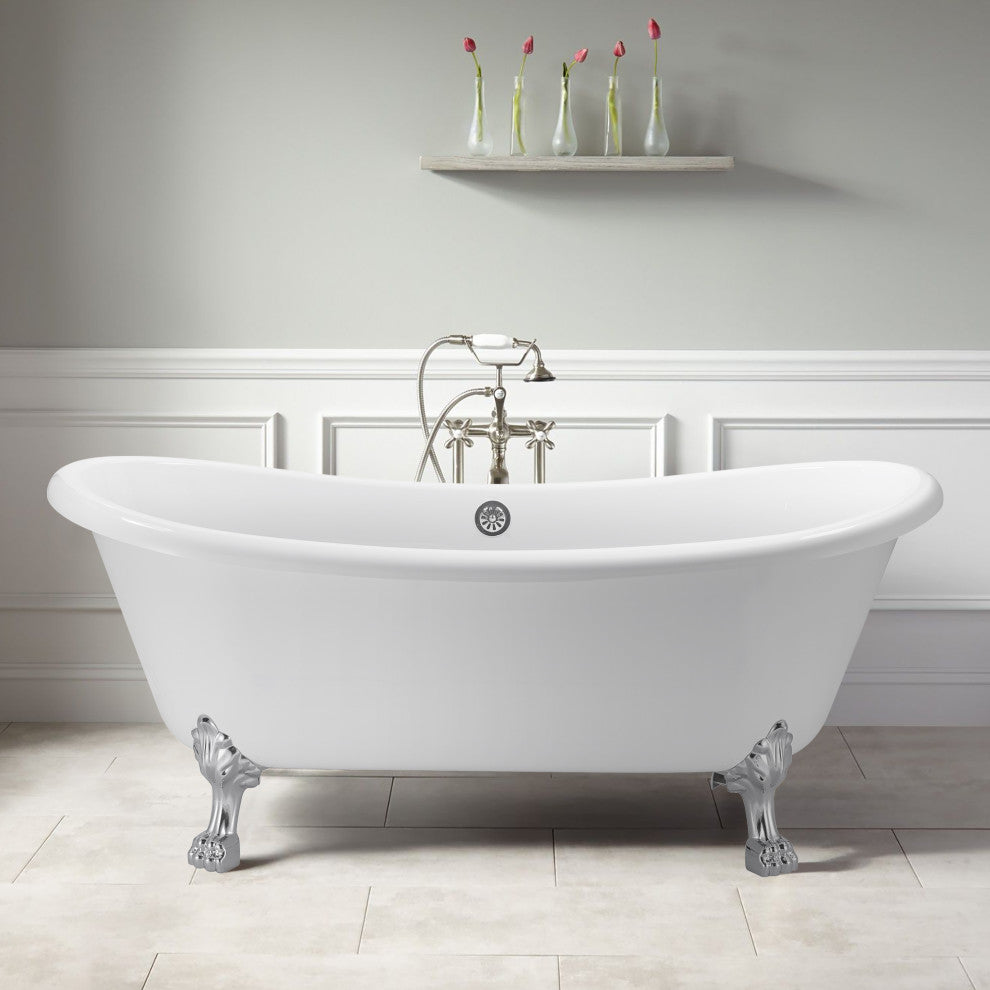 67 in Acrylic Freestanding Bathtub With Clawfoot, Contemporary Soaking Tub, White