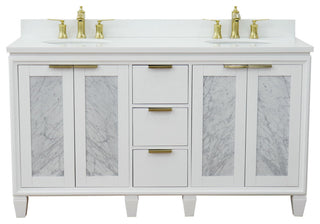 61" Double Sink Vanity, White Finish With Engineered Stone Top And Oval Sink