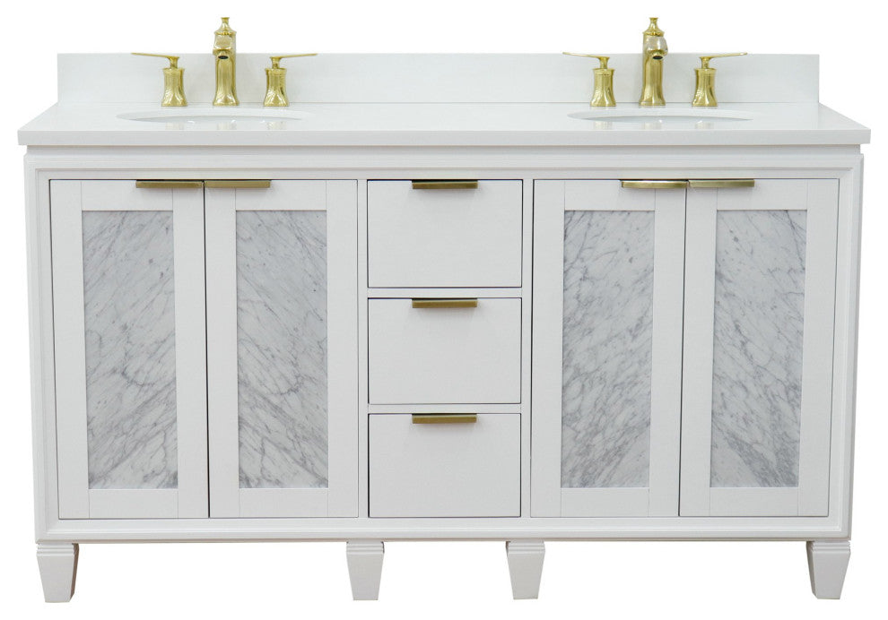 61" Double Sink Vanity, White Finish With Engineered Stone Top And Oval Sink