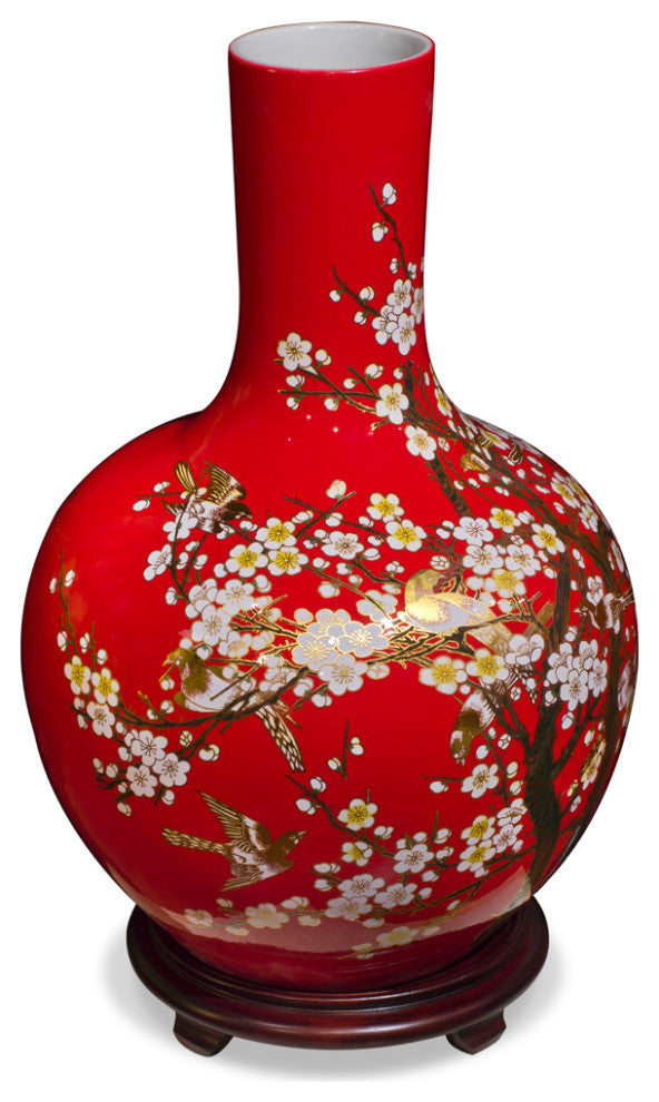 Red Cherry Blossom Chinese Porcelain Temple Vase, With Stand
