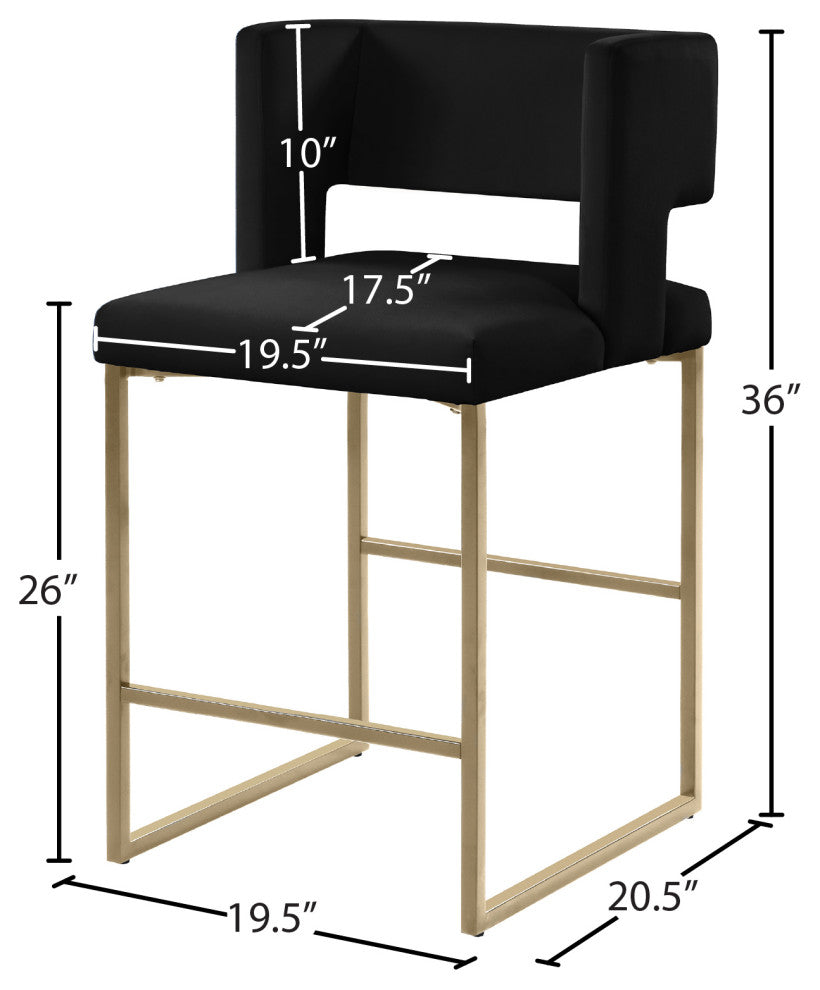 Caleb Upholstered Counter Stool, Set of 2, Black, Velvet, Brushed Gold