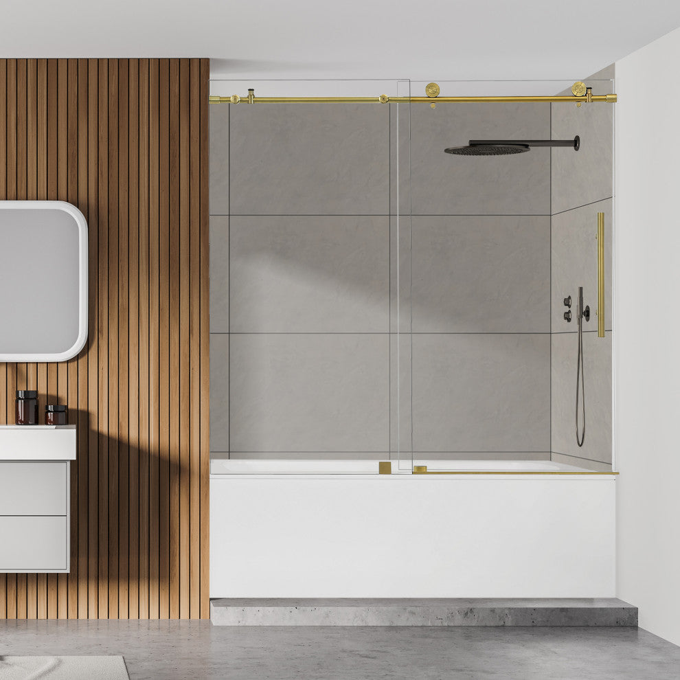 Lazaro Single Sliding Frameless Tub Door, Clear Glass, Brushed Gold, 60"wx58"h