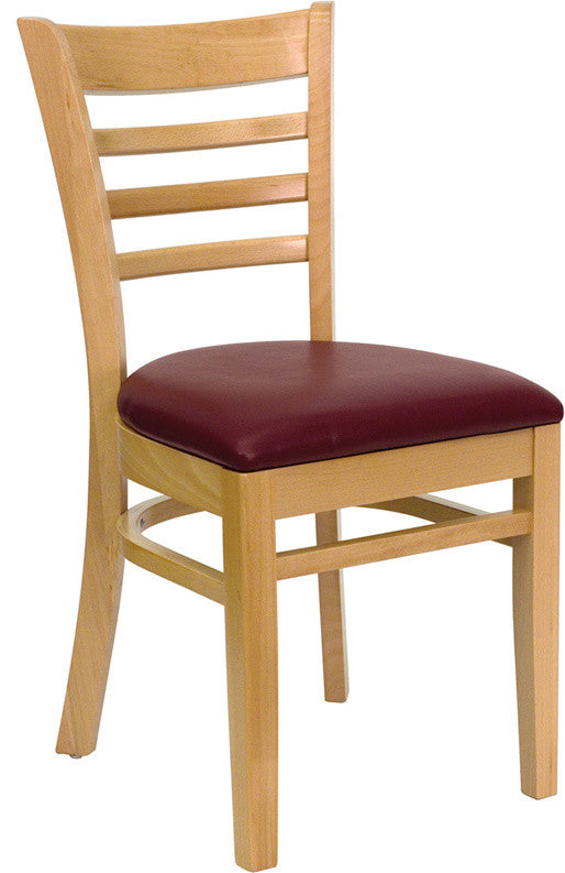 Dyersburg Wood Chair Ladder Back Natural, Burgundy Vinyl Seat