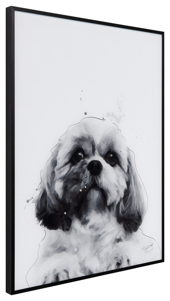 "Shih-Tzu" Black and White Pet Paintings on Printed Glass With Anodized Frame