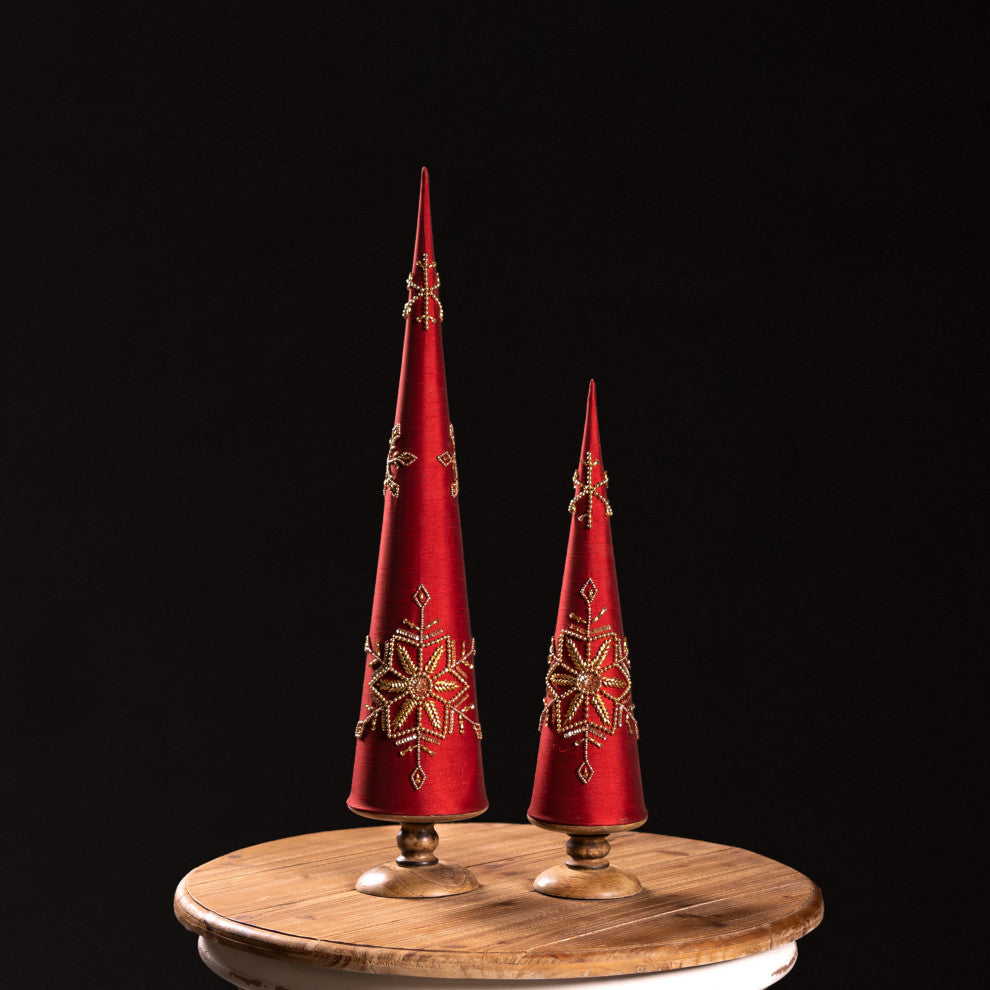 Cone Pine Tree With Beaded Snowflake, Set of 2