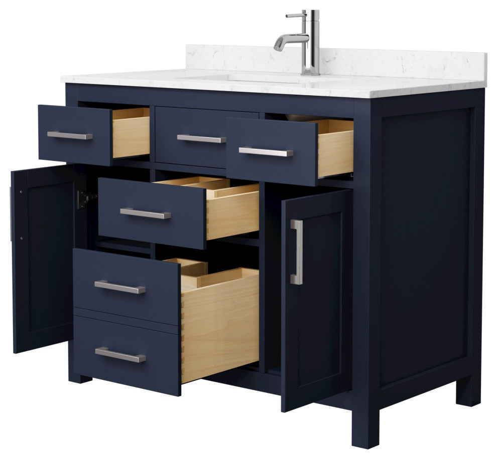 42"SGL Vanity Dark Blue, Carrara Cult. Marble Countertop, Sink, Nickel Trim