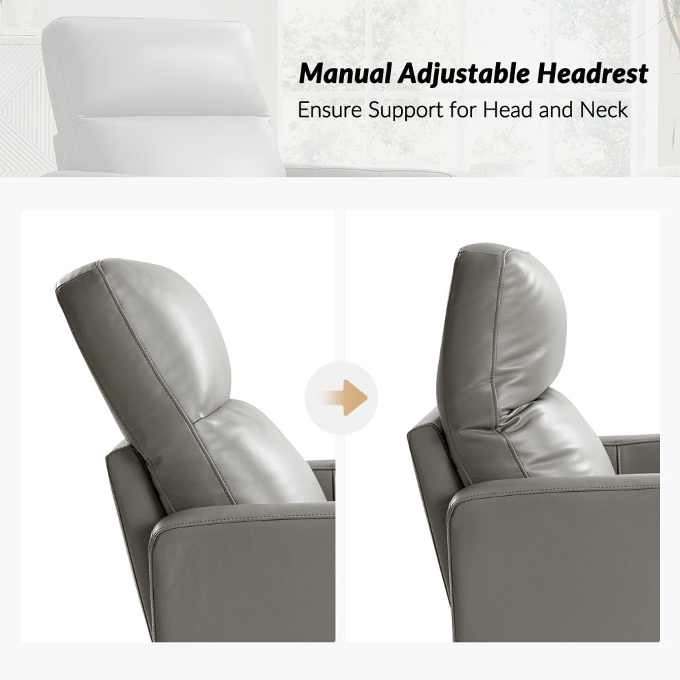 Genuine Leather Swivel Rocker Recliner With Adjustable Headrest, Gray
