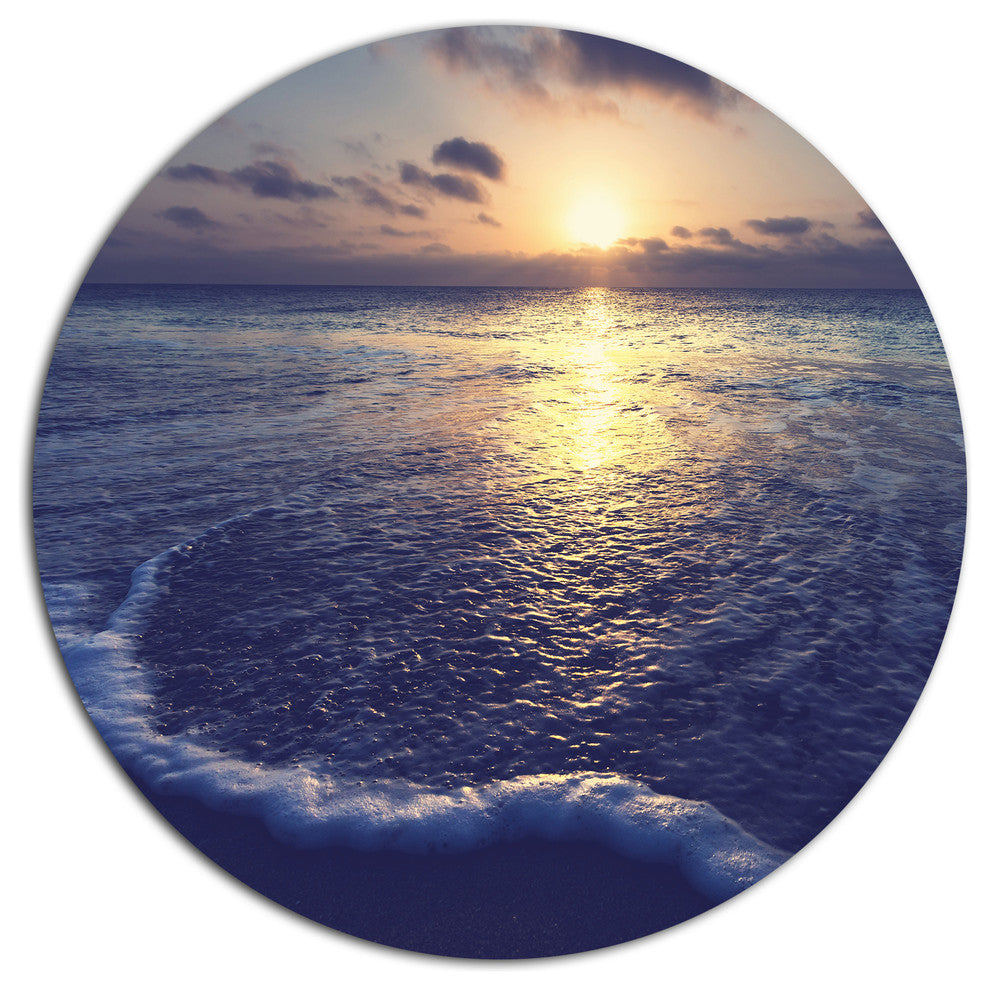 Tranquil Blue Beach At Sunset, Seashore Round Metal Wall Art, 11"
