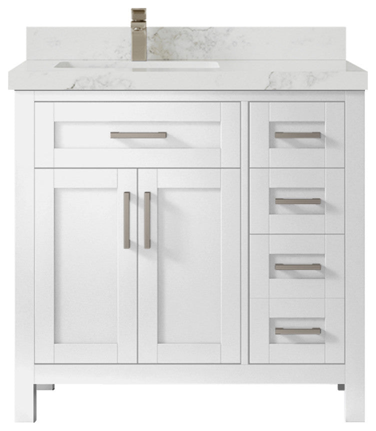 Cambridge 36 Left Offset Bath Vanity in White 2" Calacatta Nuvo