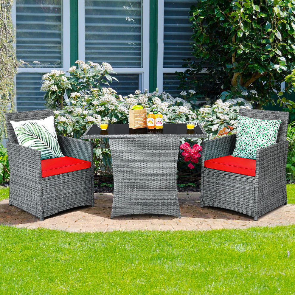 Costway 3PCS Patio Rattan Furniture Set Cushioned Sofa Armrest  Garden Red