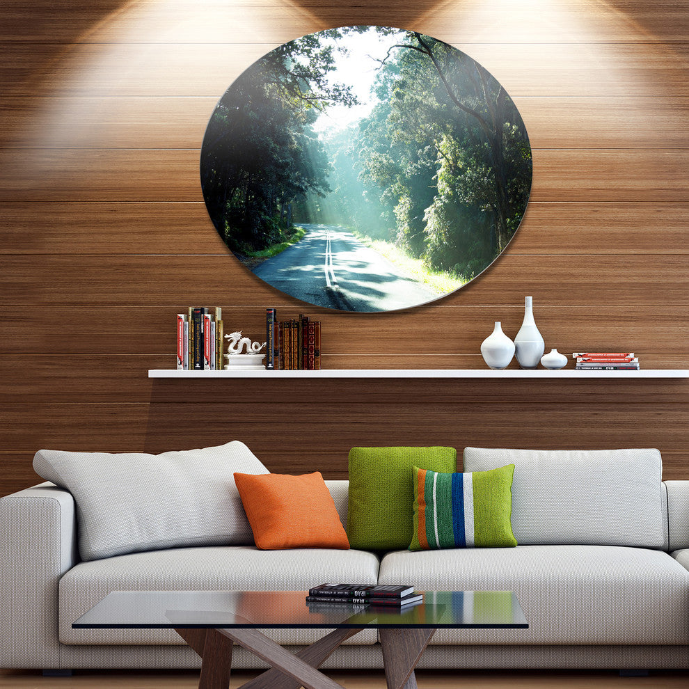 Road In The Jungle At Sunset, Landscape Round Wall Art, 11"